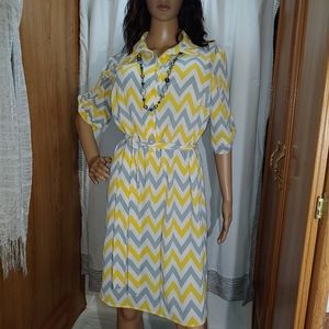 TACERA XL Yellow, gray, white chevron collared 6 button neck belted calve sheath